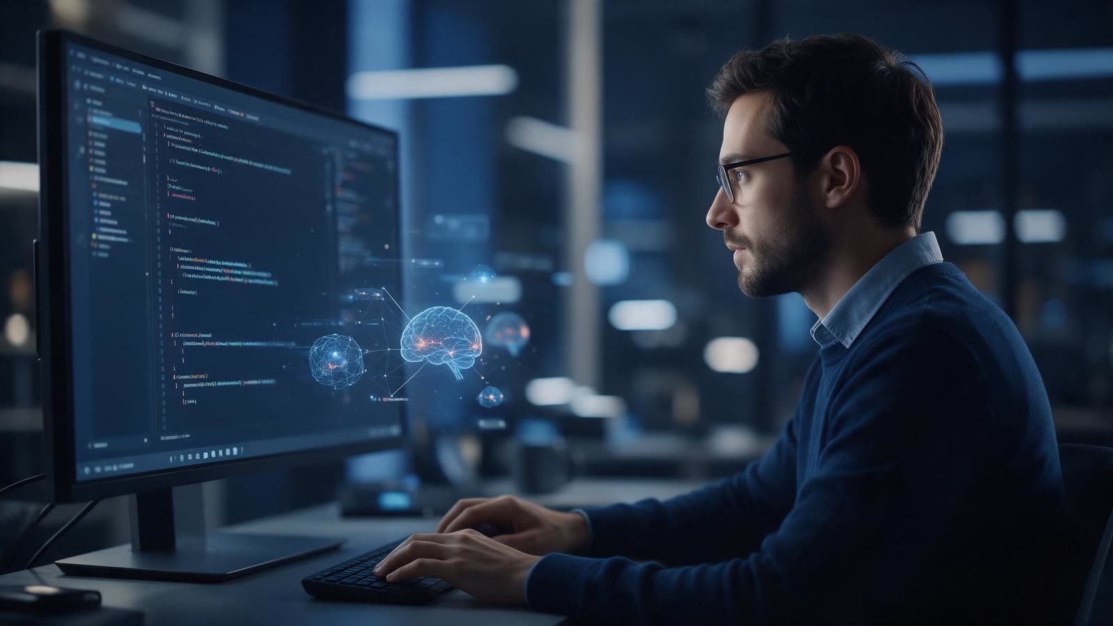 Desenvolvedor trabalhando com código e visualizações de inteligência artificial